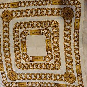CHANEL Gold and Cream Chain‎ Motif Scarf 100% Silk